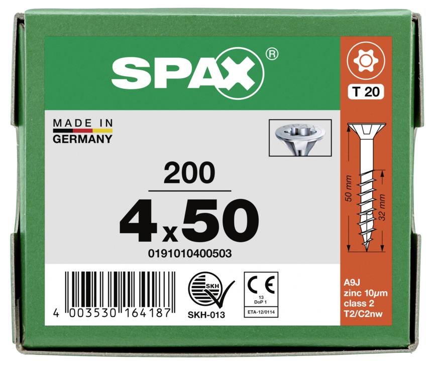 Box of SPAX screws labeled '200 4x50', made in Germany, with T20 drive and zinc coating; front shows screw diagram and barcode.