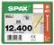SPAX construction screw box labeled T50, size 12x400, made in Germany, with product image, barcode, and technical markings.