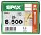 SPAX construction screw box labeled T40, size 8 x 500, made in Germany, with barcode and product details.