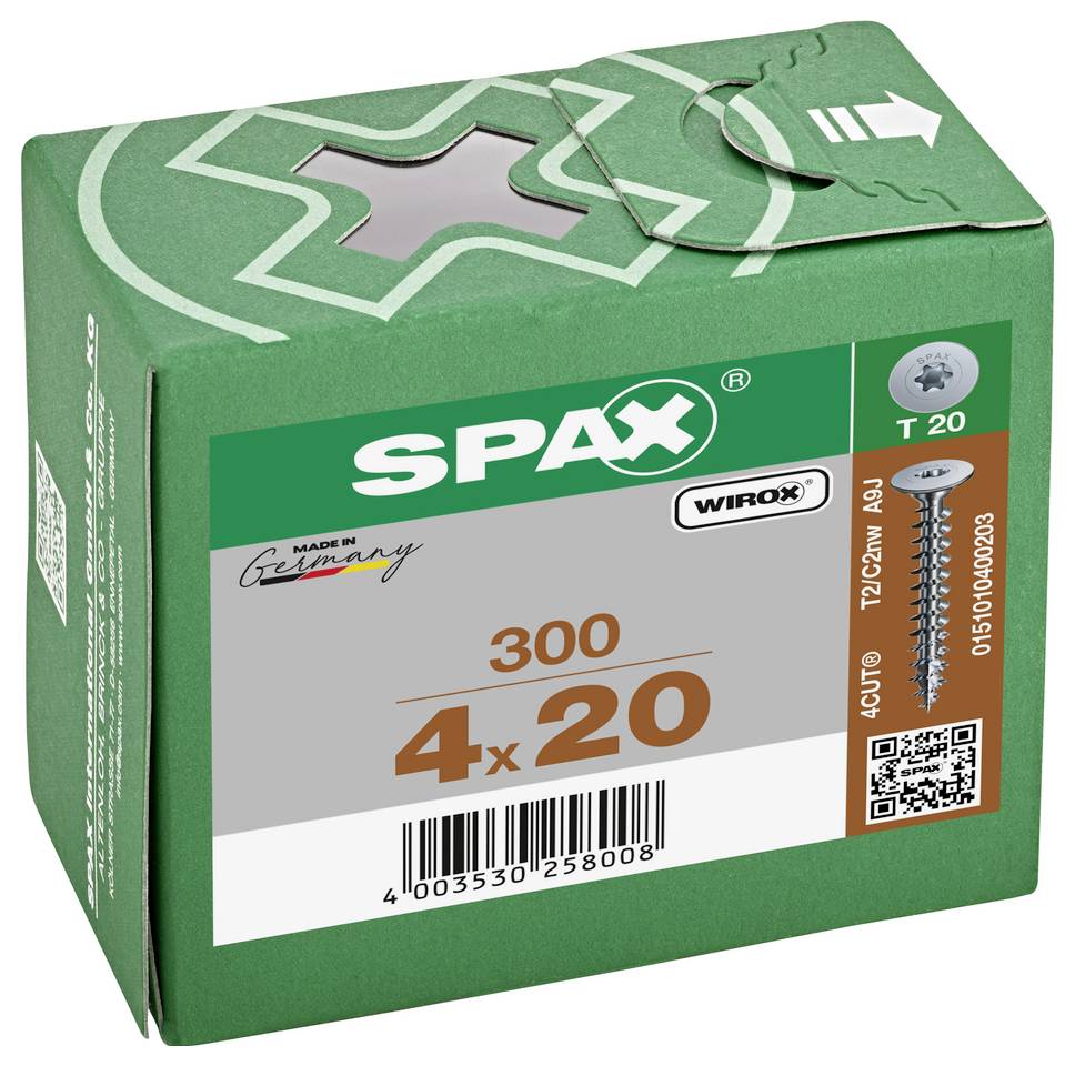 Green SPAX box of T20 Wirox screws, labeled '300' and '4 x 20', with barcode and screw illustration.