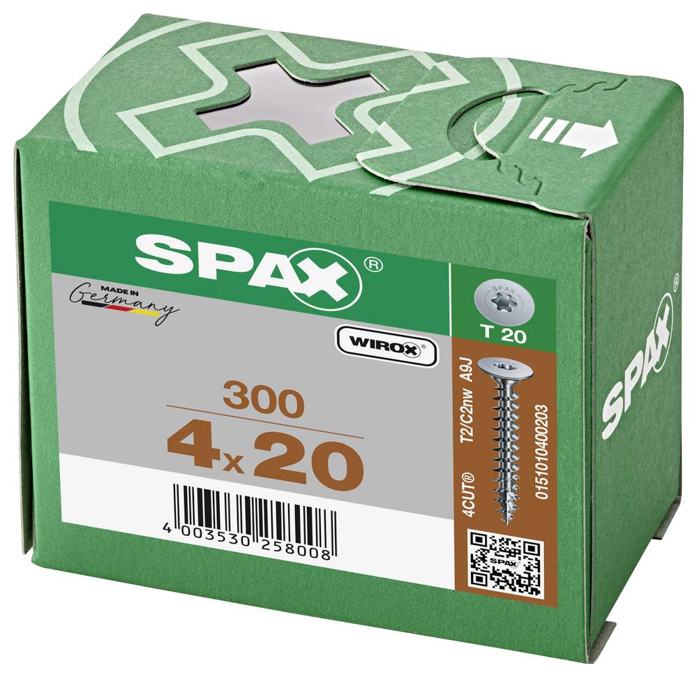 Green SPAX screw box labeled 4x20 and T20, with a screw illustration, barcode, and 'Made in Germany' on the front.