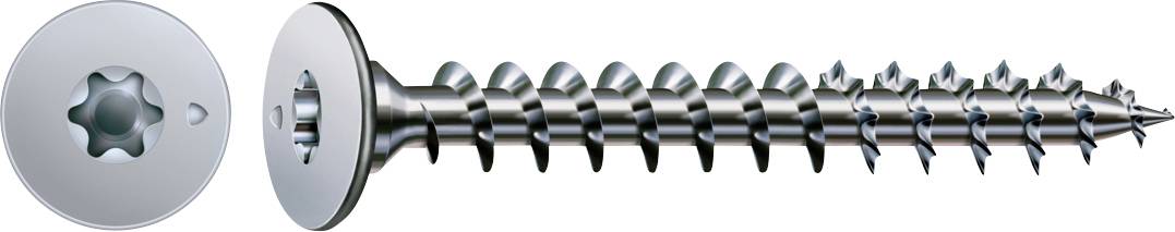 Side and top views of a silver metal screw with a star-shaped drive head and pointed threaded shaft.