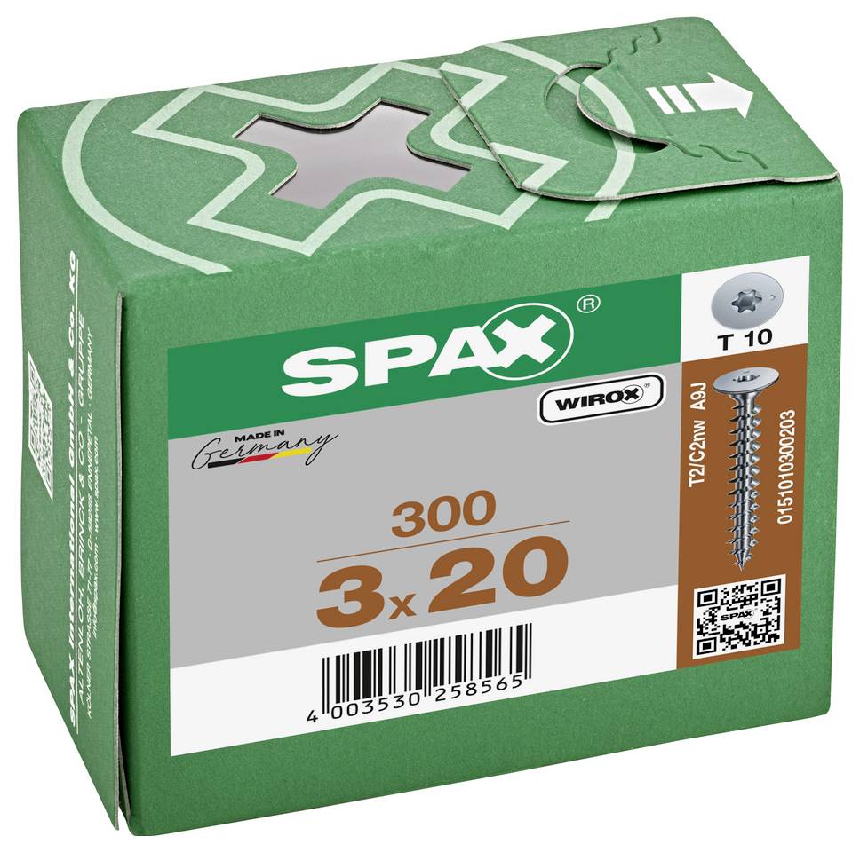 Green SPAX screw box labeled '300 3x20' with T10 bits icon, Wirox finish, and a screw illustration on the front.
