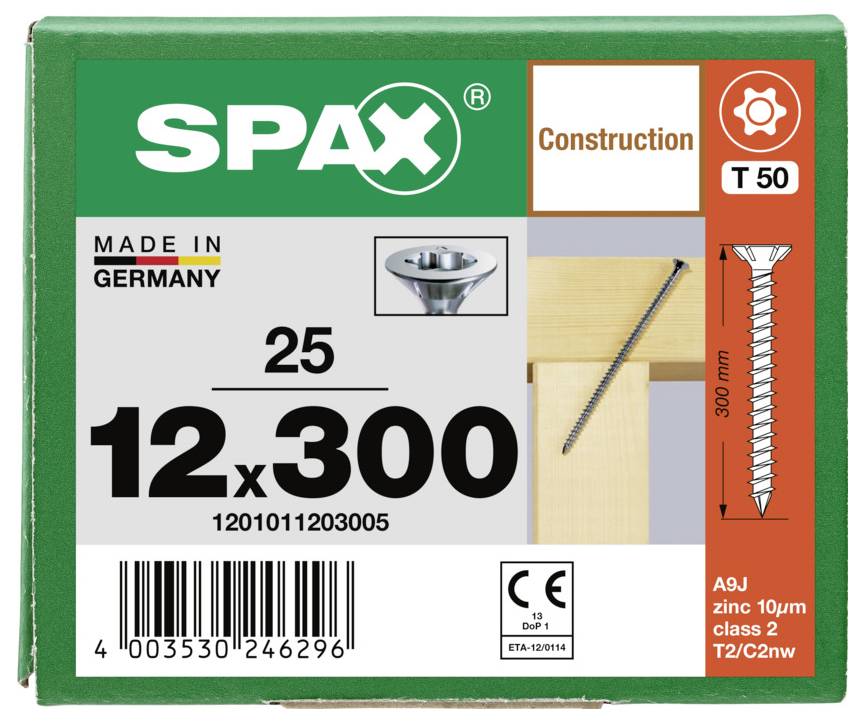 Package of SPAX construction screws, size 12x300, made in Germany, with product image and barcode on green and orange box.