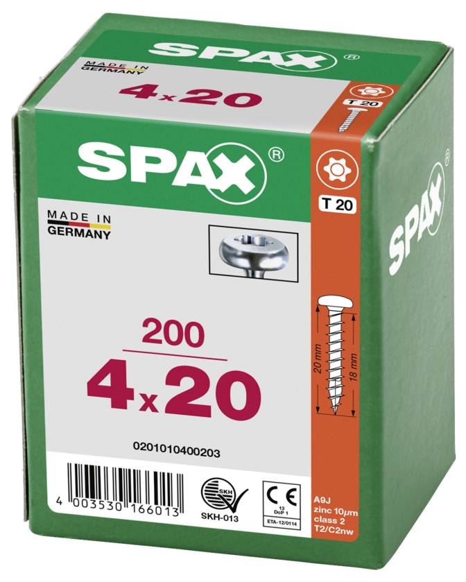 Box of SPAX screws labeled '4 x 20' and '200', with 'Made in Germany' and a screw illustration on the packaging.