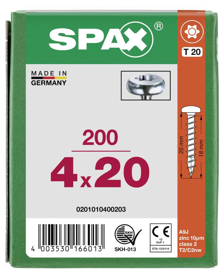 SPAX T20 screw box labeled 4x20, 200 count, made in Germany, with screw diagram and barcode on the package.