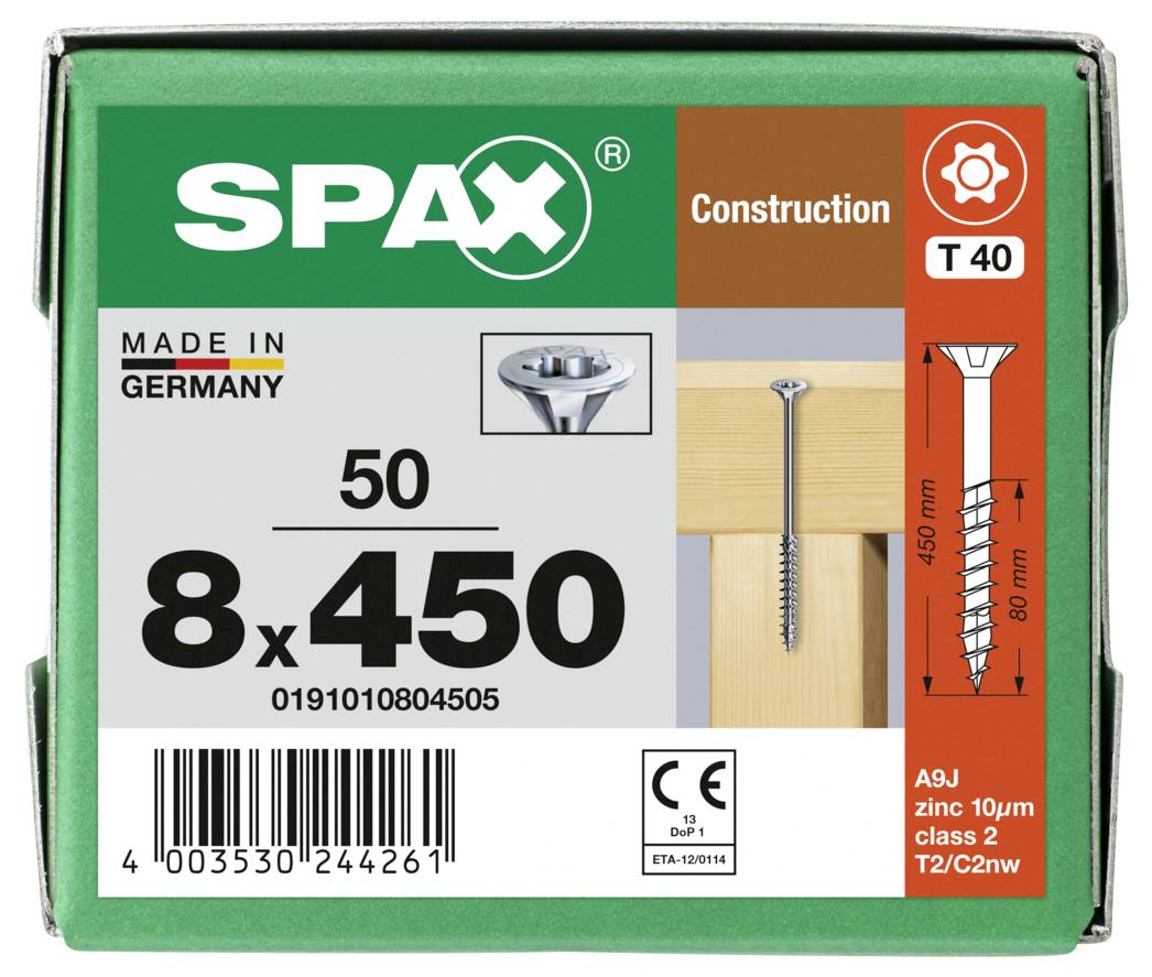 SPAX construction screws box labeled '8 x 450', pack of 50, T40 drive, made in Germany.