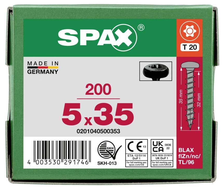 Package of SPAX 5x35 screws, 200 count, made in Germany, with T20 drive and product specifications shown on the label.