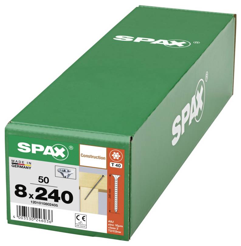 Green SPAX box of construction screws labeled 50, 8 x 240, T40, made in Germany.