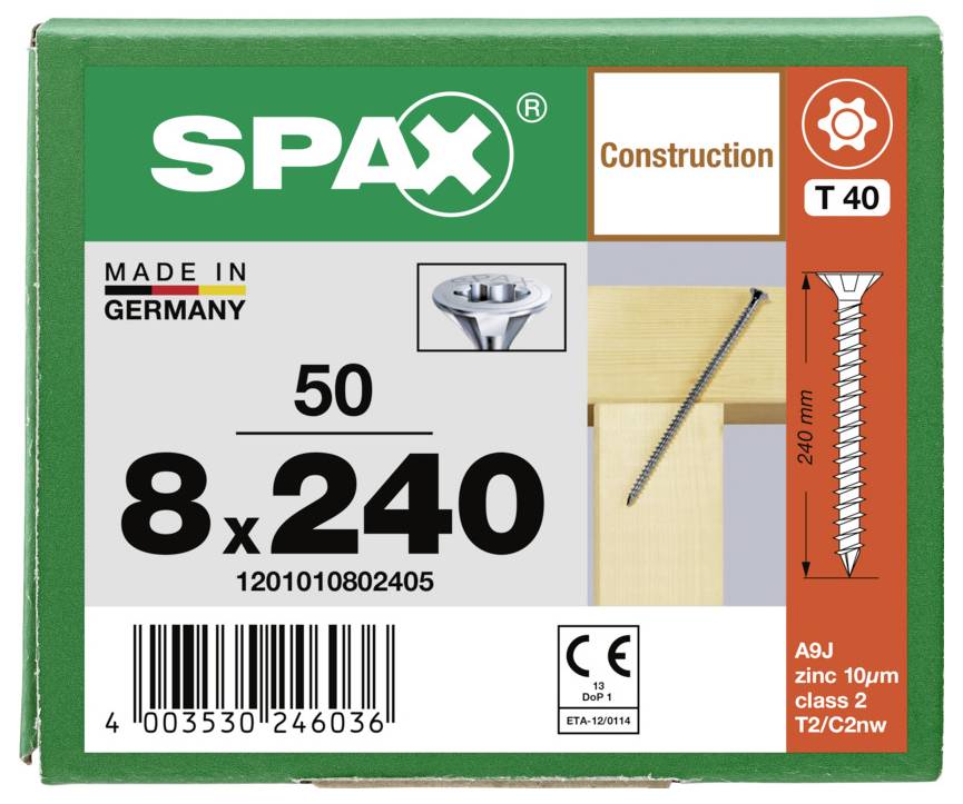 SPAX construction screws package, size 8x240, quantity 50, made in Germany, T40 drive, with screw illustration and barcode.