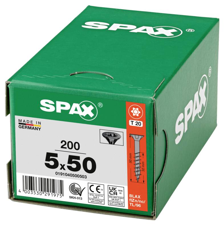 Green SPAX box of wood screws labeled '200 5x50', made in Germany, with technical icons and a barcode on the front.