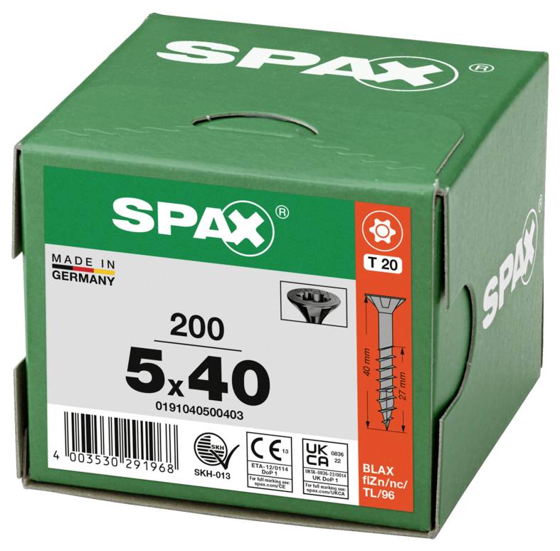 Green SPAX screw box labeled 200 5x40, Made in Germany, with T20 Torx drive and product code BLAX.