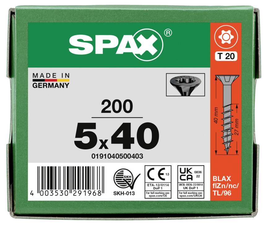 Box of SPAX T20 screws, labeled 200, 5x40, Made in Germany, with screw diagram and barcode.