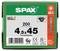Box of SPAX screws, size 4.5 x 45 mm, 200 count, T20 drive, with product labels and barcode.