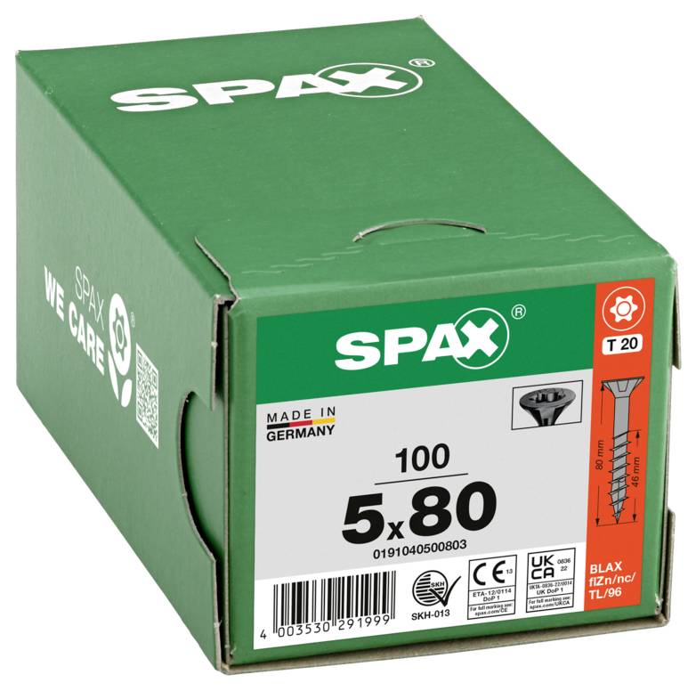 Green SPAX screw box labeled '5x 80' and 'Made in Germany,' with product and size details on the front.