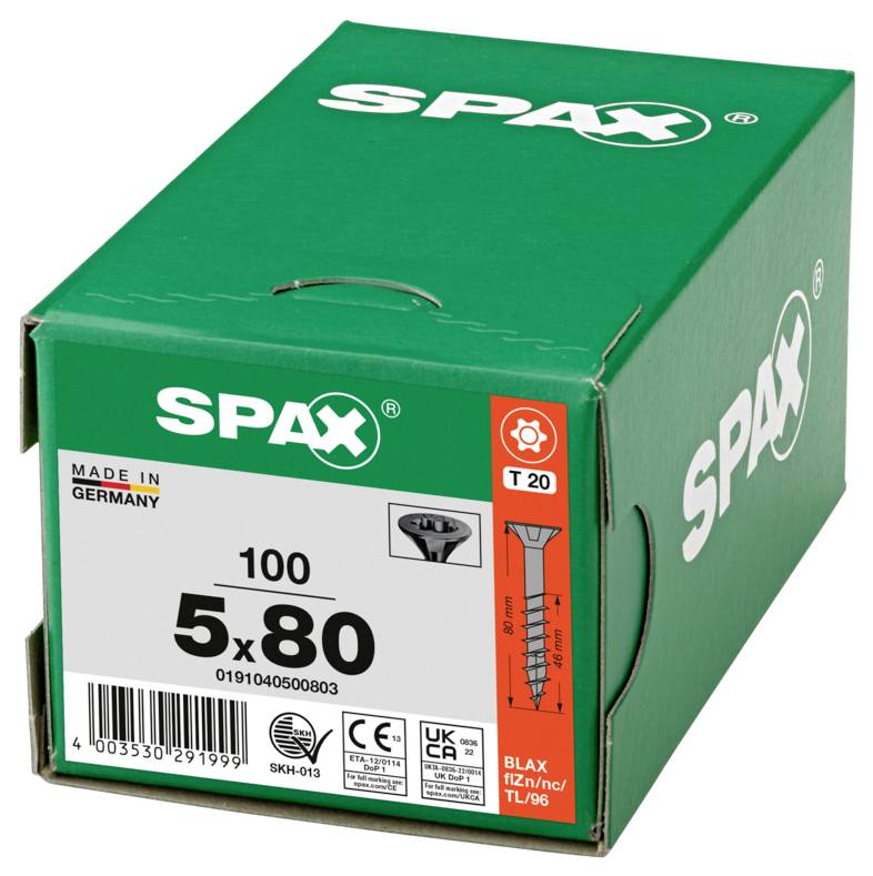 Green SPAX screw box labeled '5x80', '100', and 'Made in Germany', showing T20 drive and screw type illustration.
