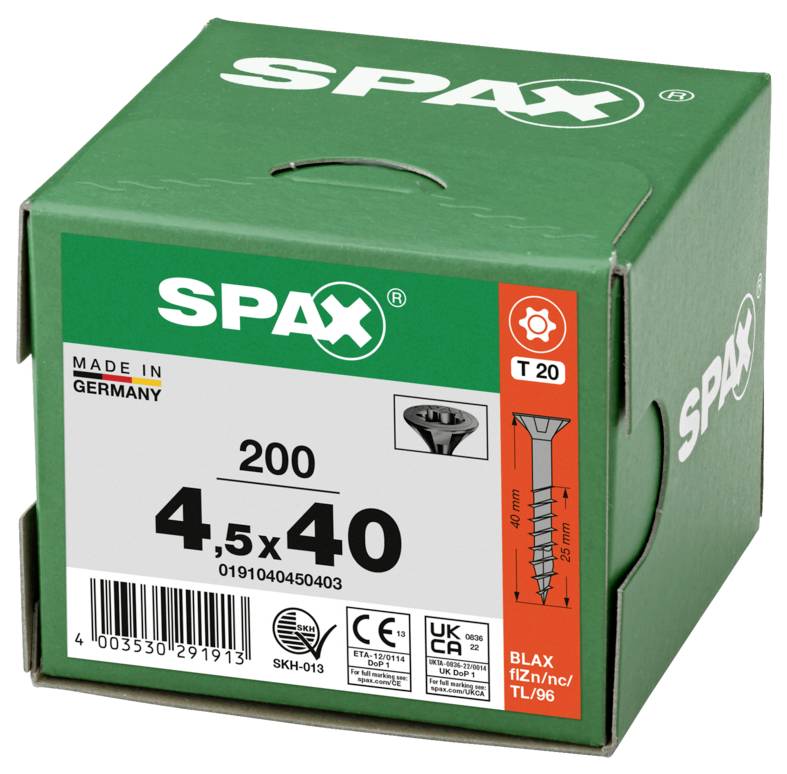 Green SPAX screw box labeled 200, 4.5x40, made in Germany, with T20 drive and BLAX screw diagram on the front.
