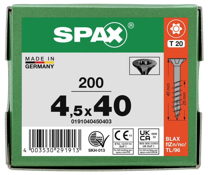 Box of SPAX screws labeled '200 4,5x40', 'Made in Germany', T20, with screw diagram and barcodes.