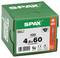 Green SPAX box of 100 black 4.5 x 60 screws, labeled made in Germany, T20, with product diagram and QR code.