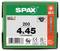 Box of SPAX screws labeled 200 4x45, with Torx T20, made in Germany, for wood fastening.