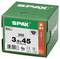Green SPAX screw box labeled '200' and '3,5x45', 'Made in Germany', with T20 icon and wood screw illustration.