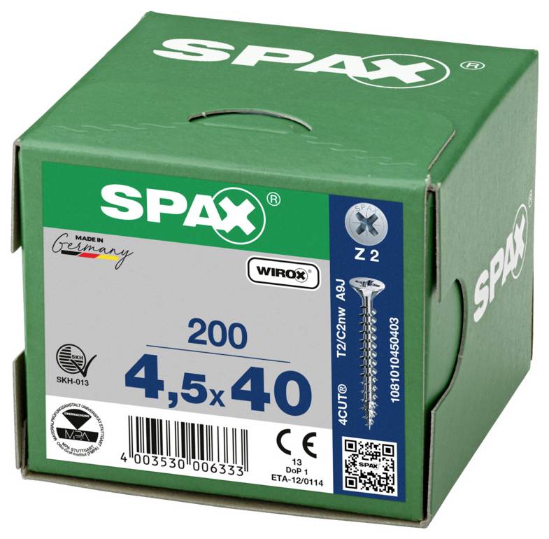 Green SPAX screw box labeled '200 4,5x40' with product and certification markings visible on the front.