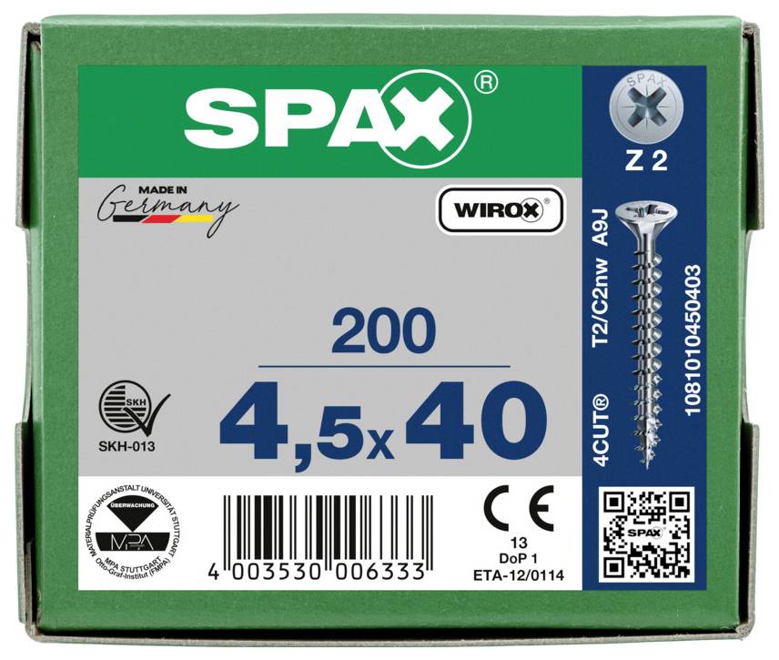 SPAX screw box labeled '200' and '4,5x40', with barcode and product details on green packaging.