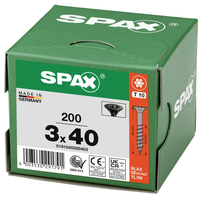 Green SPAX screw box labeled '200 3x40', made in Germany, with orange 'T10' strip and screw diagram on the front.