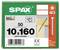 Box of SPAX construction screws, size 10 x 160 mm, pack of 50, made in Germany, with barcode and product details.