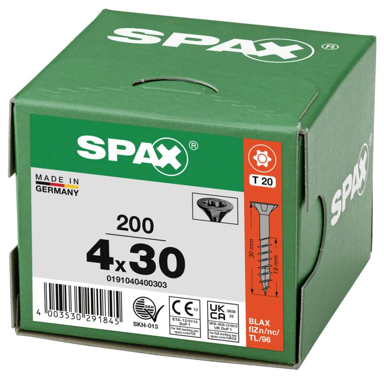 Green SPAX screw box labeled '200 4x30', made in Germany, with a T20 drive icon and screw illustration.