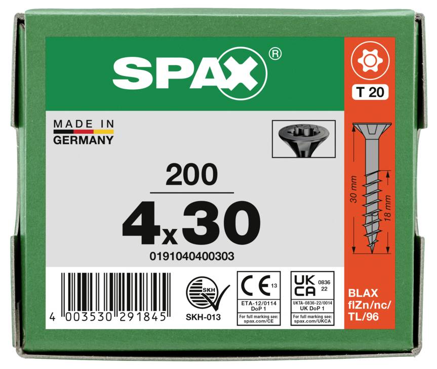 Box of SPAX wood screws labeled '200 4x30', with 'Made in Germany' and a T20 drive icon, product packaging front view.