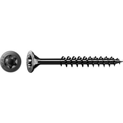 Black SPAX screw shown with matching round head close-up, displaying a pointed threaded fastener on a white background.