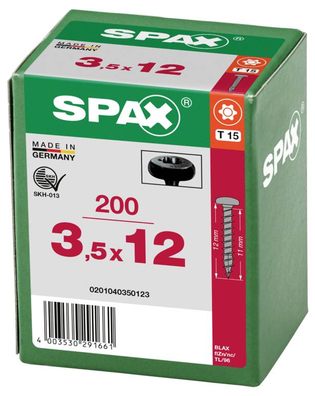Box of SPAX wood screws, size 3.5 x 12, 200 count, made in Germany, with a screw illustration and barcode.