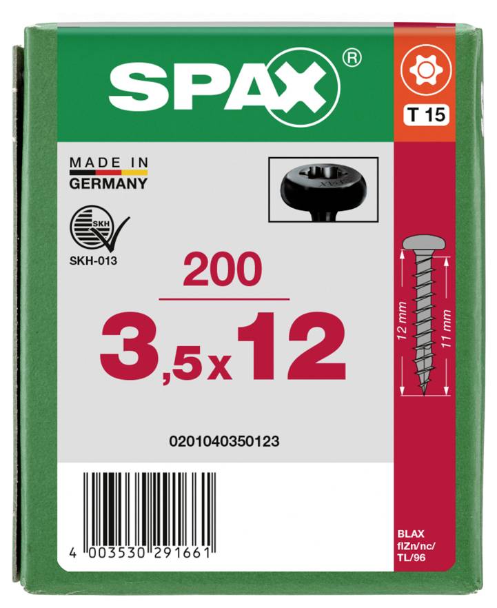 Box of SPAX screws labeled '200 3.5x12', 'Made in Germany', with a screw diagram and barcode.