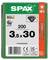 Box of SPAX T20 screws, labeled 'Made in Germany', '200', '3,5 x 30', with a screw illustration and barcode.