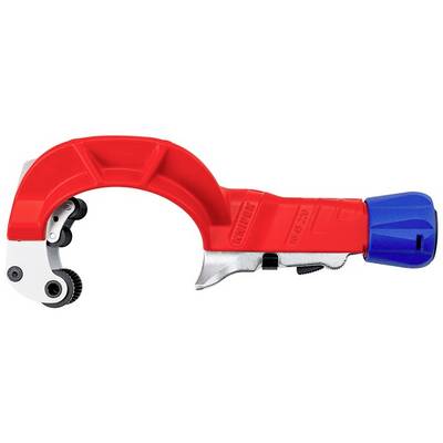 Red hand-held pipe cutter tool with a curved cutting jaw, silver blade, and blue adjustment knob on a white background.