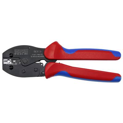 Close-up of KNIPEX cable cutters with red and blue handles on a white background, showing the cutting jaws and adjustable settings.