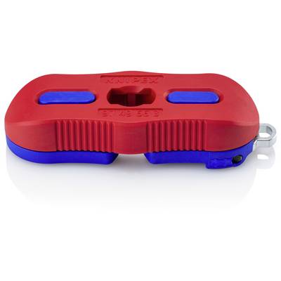 Red and blue Knipex lockout device with two blue grips and a central metal latch, shown on a white background.
