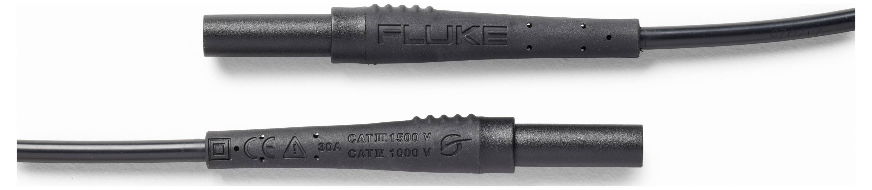 Close-up of a black Fluke test probe cable with molded connector and compliance markings on the connector housing.