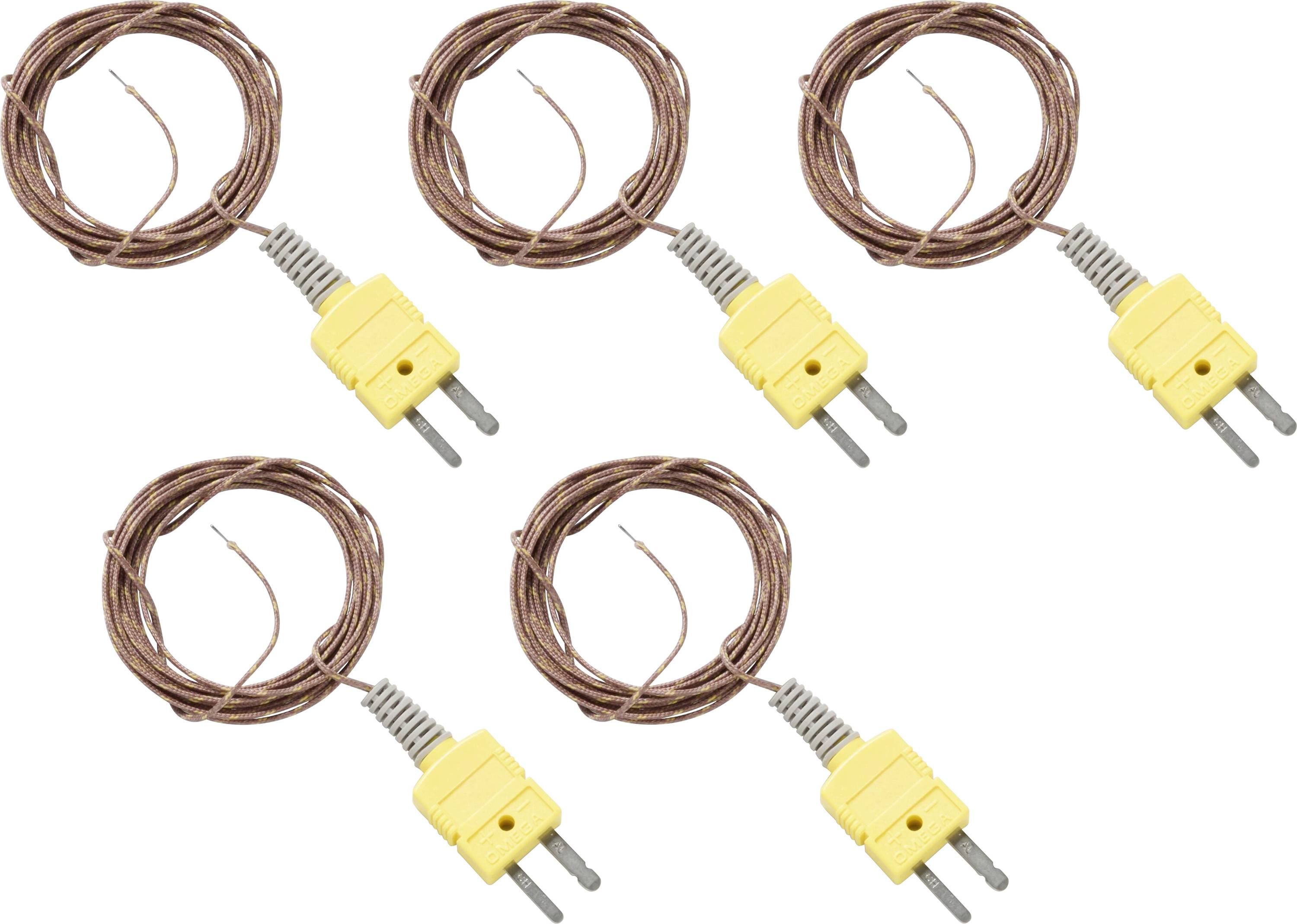 Five coiled brown thermocouple probes with yellow two-prong connectors on a white background.