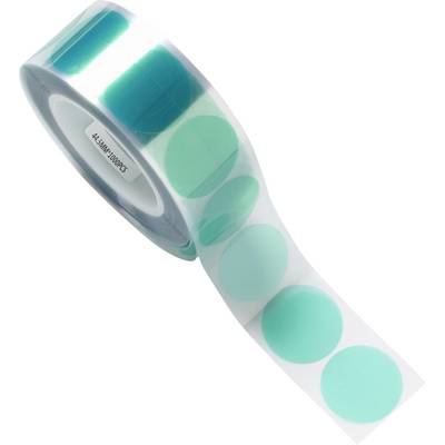 A roll of translucent teal circular adhesive dots on a white backing strip, partially unspooled against a plain white background.