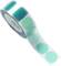 A roll of translucent teal circular adhesive dots on a white backing strip, partially unspooled against a plain white background.