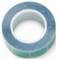 Blue and teal roll of transparent adhesive tape on a white background, shown from above.