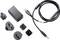 USB power adapter kit with cable and interchangeable international plug adapters on a white background.