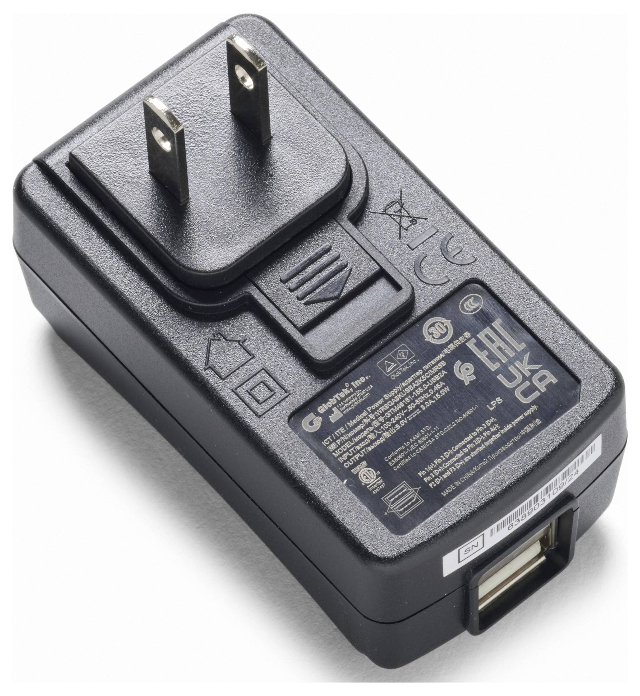 Black wall power adapter with two flat prongs and USB output port, shown on a white background.