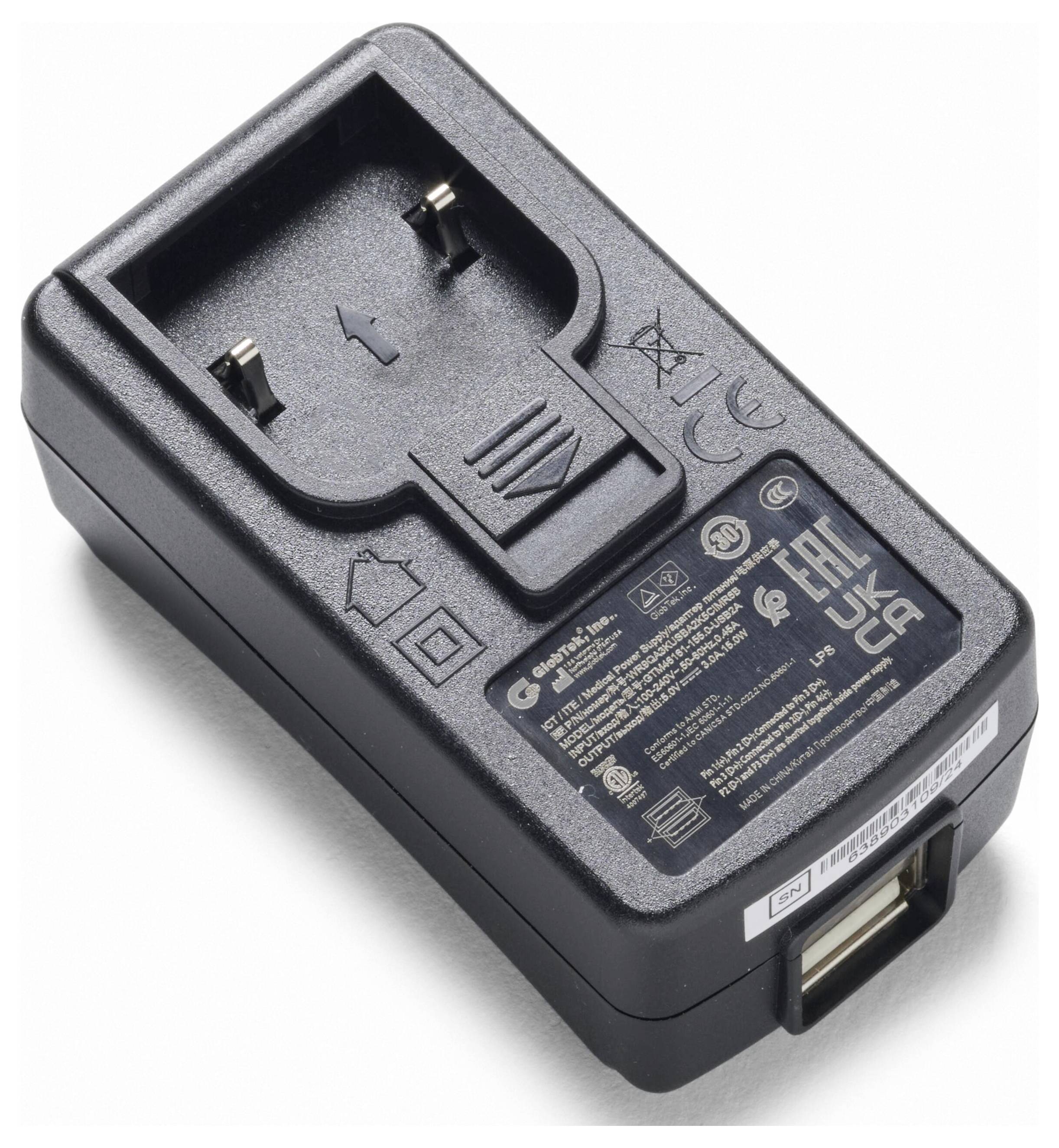 Black battery charger with slide-in cradle for a removable camera battery, shown on a white background.