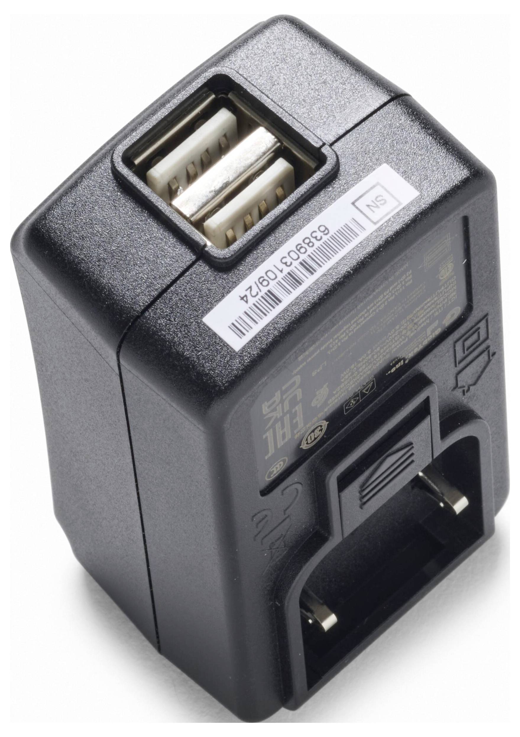 Black USB wall charger adapter with two USB ports on top and a plug prong on the front, shown on a white background.