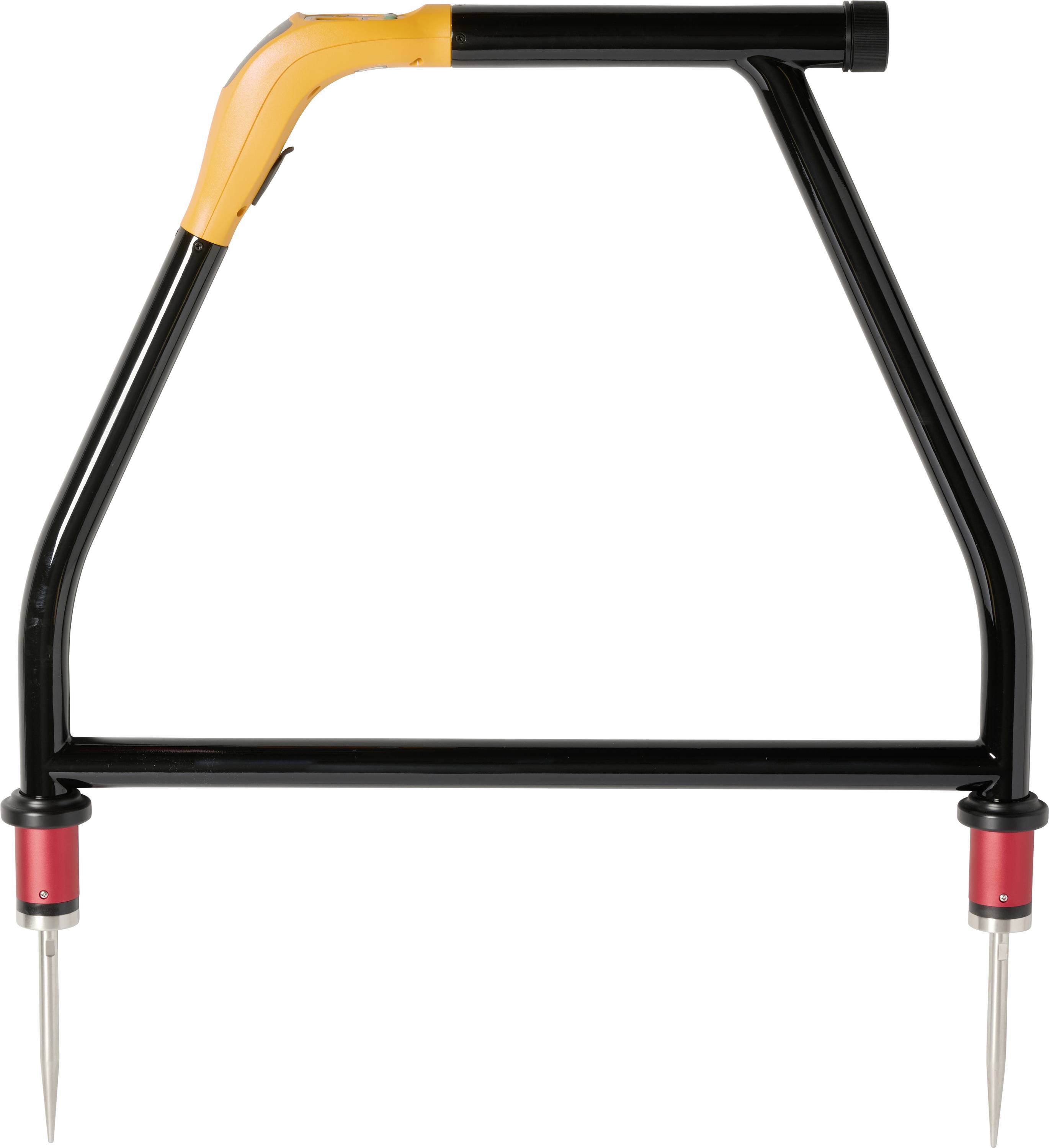Metal bike stand or rack with black frame and orange top bar, shown on a white background.