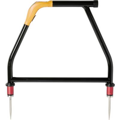 Metal bike stand or rack with black frame and orange top bar, shown on a white background.
