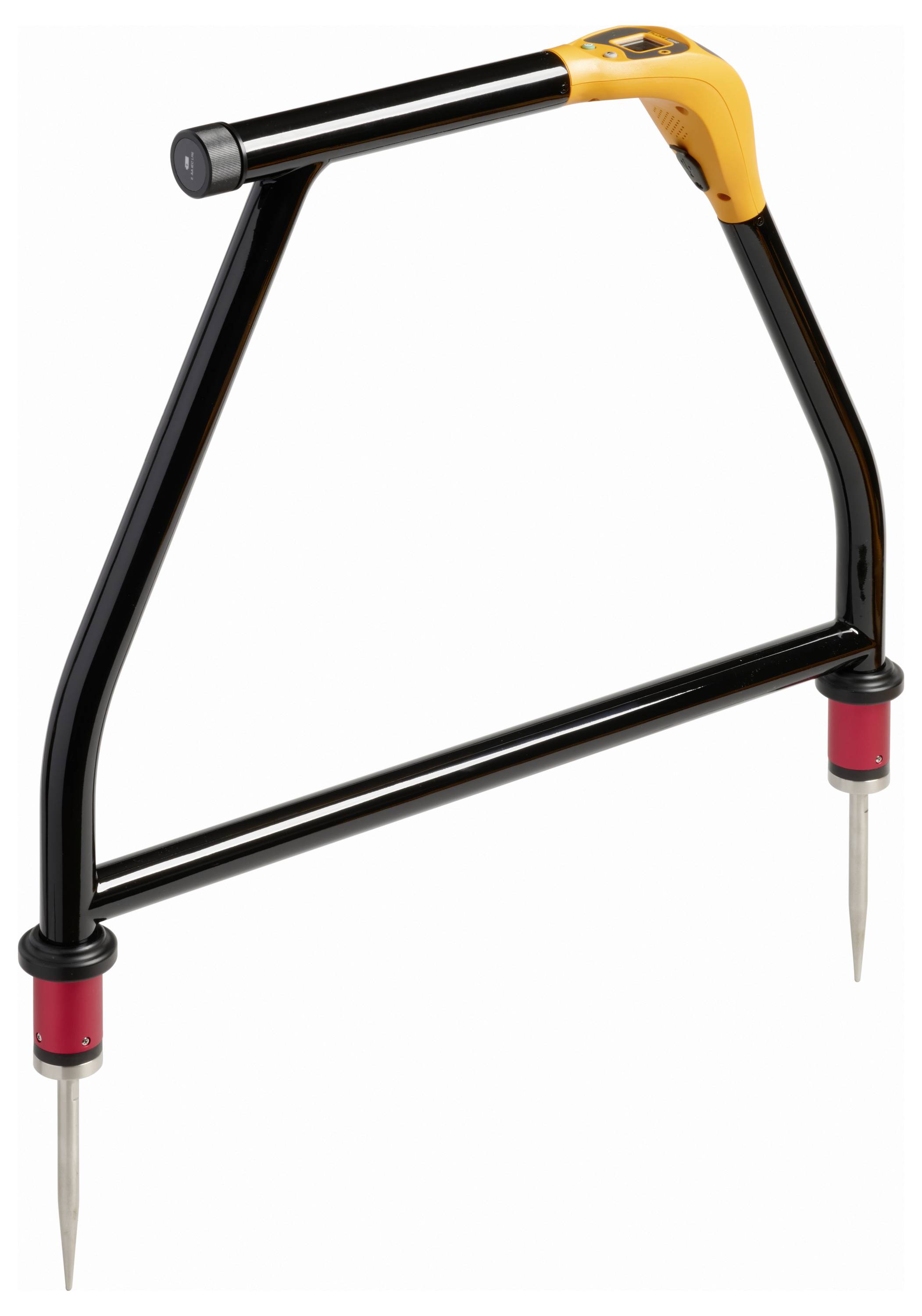 Black and orange metal garden edger with two pointed ground spikes, shown on a white background.<br>